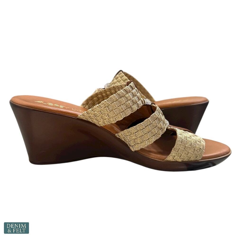 Aubrey Lynn Tan Woven Slide Sandals‎ Rhinestone Straps Boho Luxe Resort 9.5 - Picture 5 of 10
